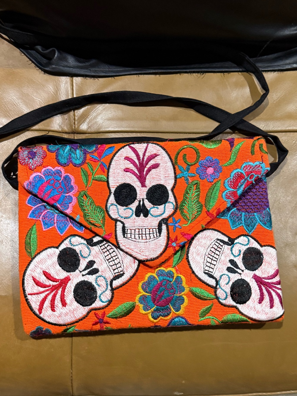 Orange Embroidered Skull Crossbody Bag